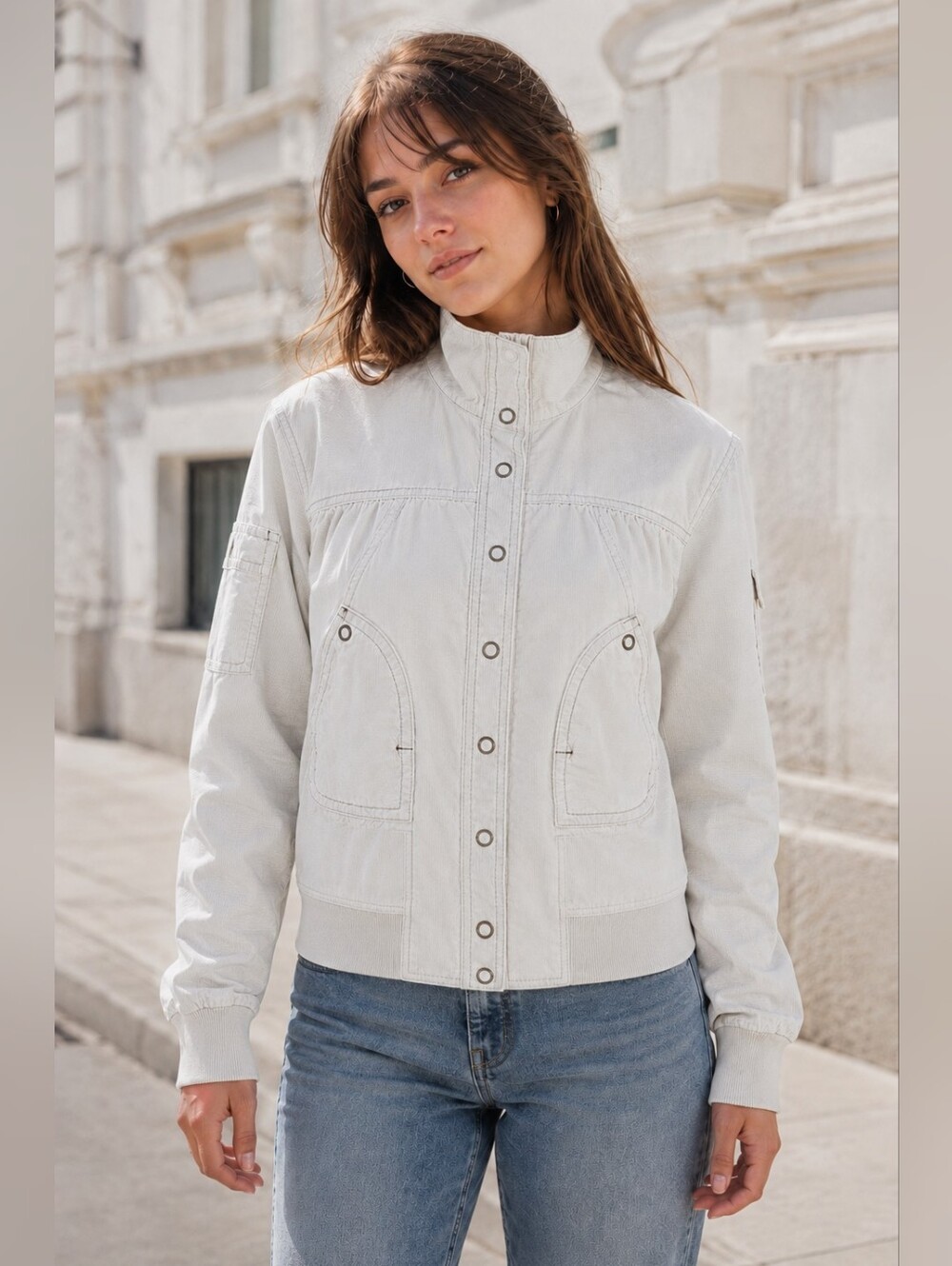 Mossimo Corduroy Jacket XL Ivory Funnel Neck Y2K Utility Boho Streetwear Moto